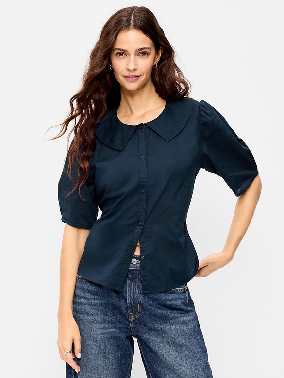 Lapel Collar Short-Sleeve Button-Front Top