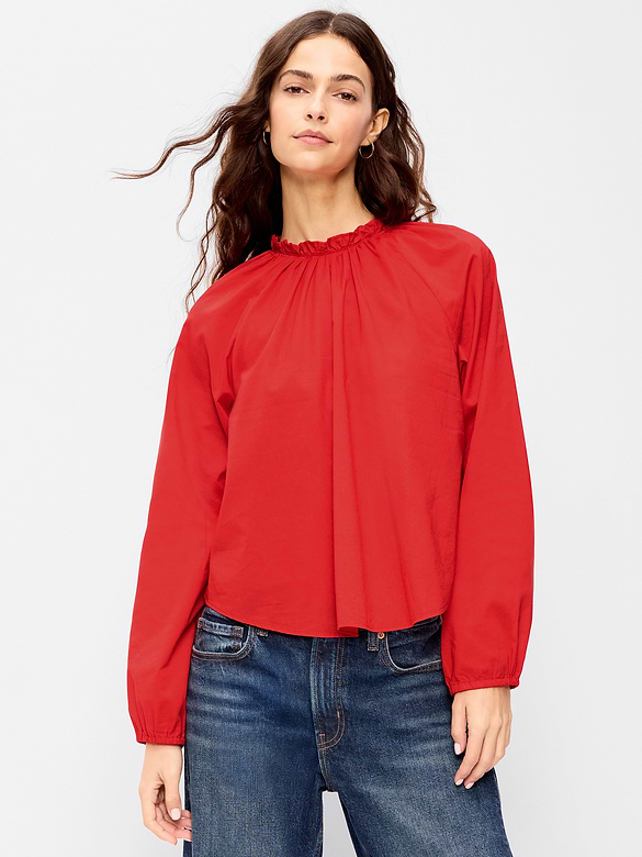 Long-Sleeve Ruffle-Neck A-Line Top