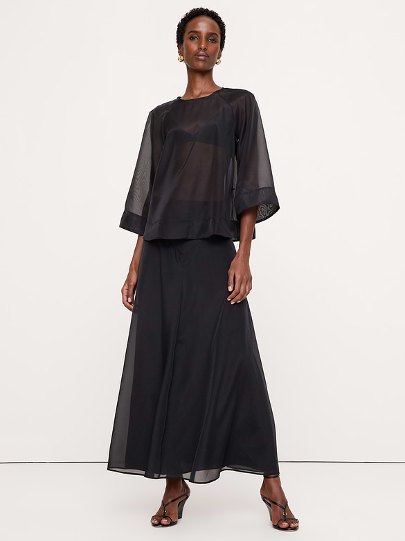Organza Basque-Waist Maxi Skirt