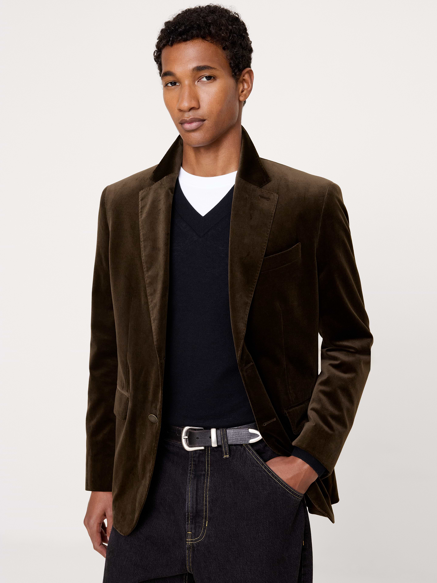 Image 1 of 8, We selected a soft cotton velvet for this statement blazer, opting to cut it plush-up to enhance its luster and add a more formal appearance., Tailored Slim Fit: Designed for ease of movement. Here, we opted for an English cut with a more structured shoulder construction., Notch lapel with 2-button front., Three exterior pockets, three interior pockets., Double back vent., Fully lined., Product #906641