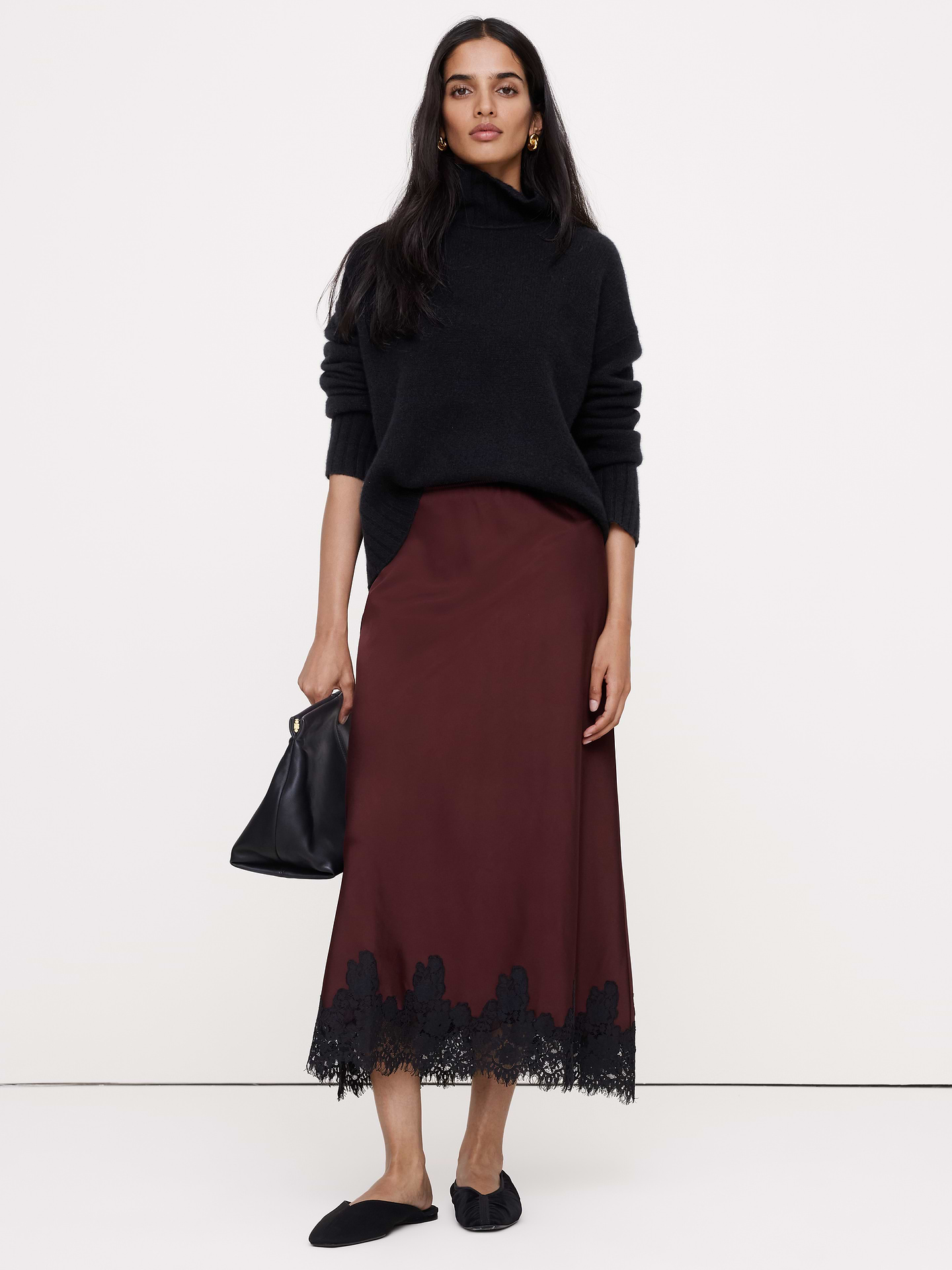 Image 4 of 8, Stretch-Satin Lace-Trim Midi Skirt