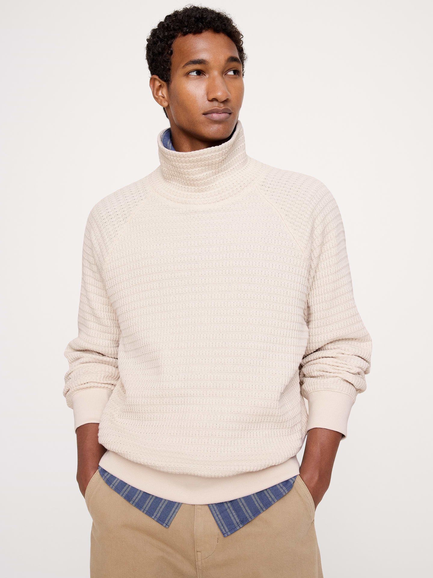 Image 1 of 5, Cut from soft cotton, this heavyweight shirt uses a textured waffle detail that makes it an easy go-to for dressing up on a cool day., Oversized Fit: A roomy fit with dropped shoulder seams., Turtleneck., Straight hem., Product #914151
