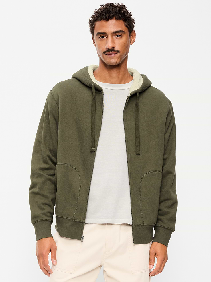 Image 1 of 4, drawstring hood, drop-shoulder sleeves, rib-knit cuffs, full-length zipper, hand-warming pockets, rib-knit hem, cozy sherpa lining, Product #1182192