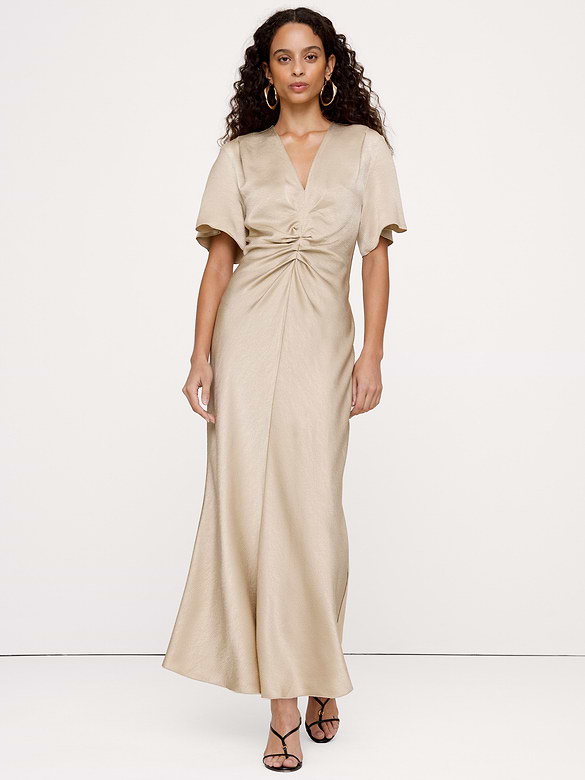 Hammered Satin Flutter-Sleeve Dress