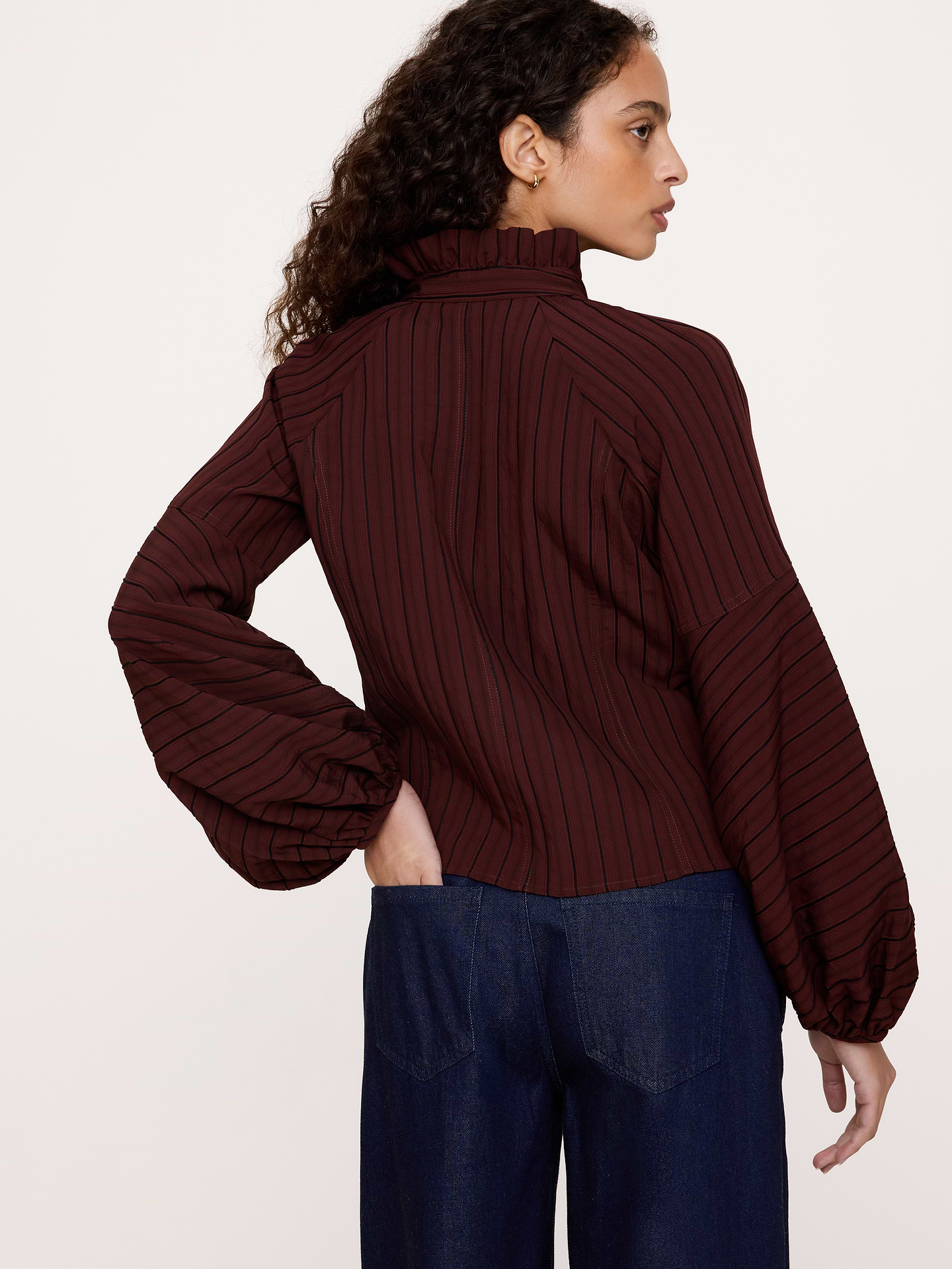 Image 2 of 5, Jacquard Ruffle-Neck Peasant Blouse