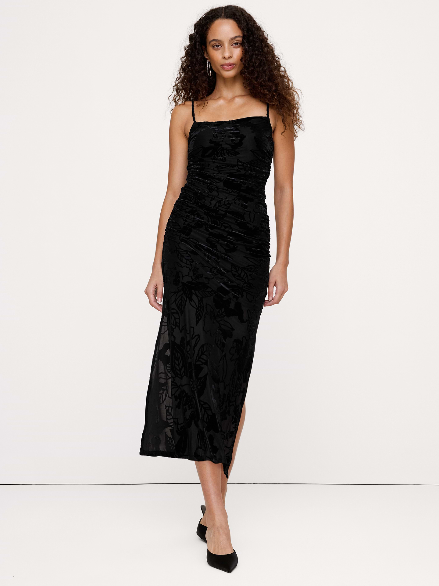 Image 1 of 4, Things we love about this cute dress: the semi-sheer burnout velvet, the square neckline, and the ruched bodice. Plus, it's super stretchy and t-shirt soft., Stretches to fit., Adjustable slider straps., Side slits., Lined to mini length., Product #1194106