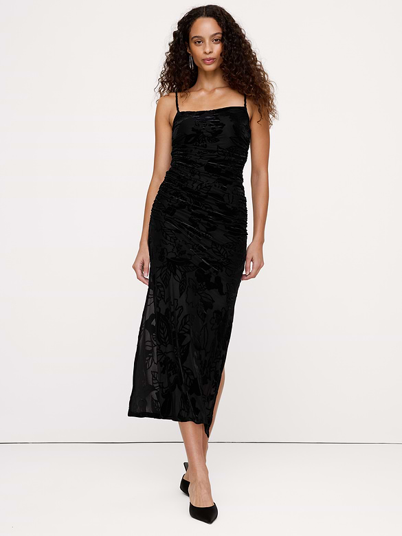 Burnout Velvet Ruched Midi Dress