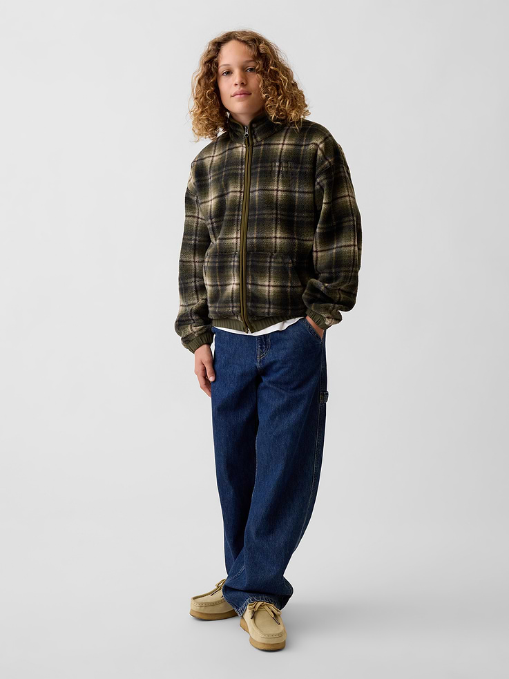 Image 4 of 5, Kids Plaid Sherpa Zip Jacket