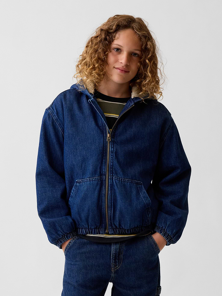 Image 1 of 5, Smooth cotton canvas hooded jacket with a cozy sherpa lining. In a relaxed fit., Hooded neckline., Long sleeves with drop shoulders., Zipper front., Kanga pockets., Elasticized cuffs and hem., Sherpa-lined hood and body., Product #911845