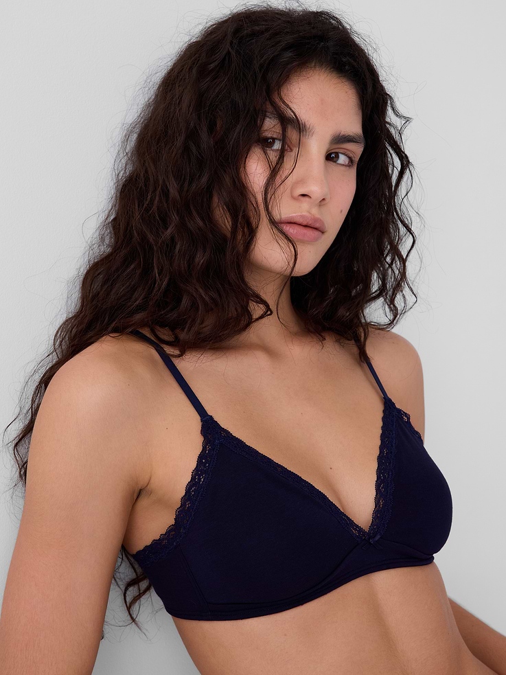 Image 3 of 7, SoftMade Organic Stretch Cotton Lace-Trim Triangle Bralette