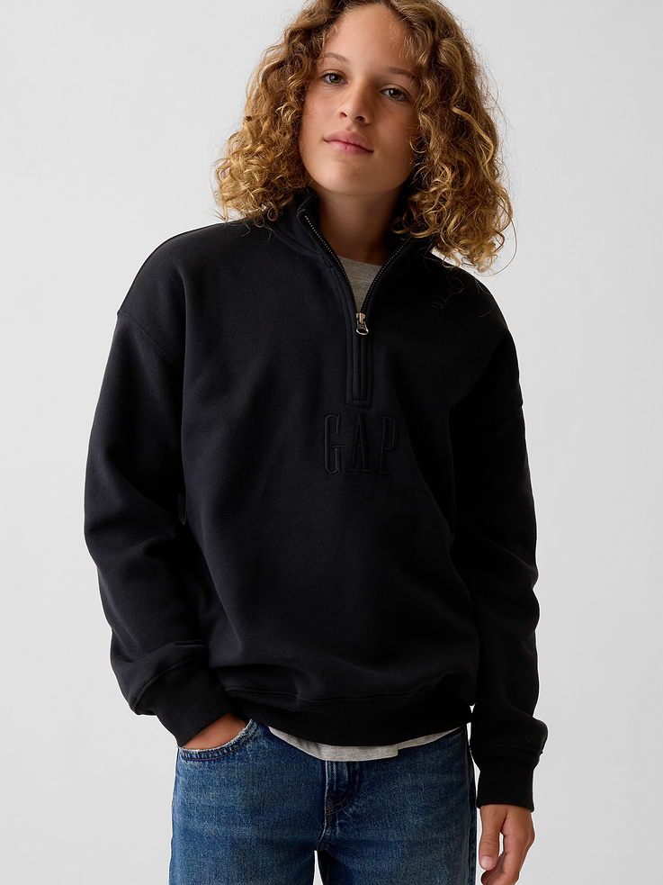 Image 1 of 5, Our softer than soft sweats. Brushed on the inside. Smooth on the outside. Made so that no two are alike., Soft cotton-blend fleece pullover. In a relaxed fit., Mockneck with quarter zip closure., Long sleeves., Gap embroidered logo at front., Banded hem and cuffs., Made with 23% recycled polyester. Compared to virgin materials, using recycled materials helps reduce resource use and waste., This product was made in a factory that invests in gender equity and women’s empowerment through RISE. Learn more at gapinc.com/equity ., Product #1184267