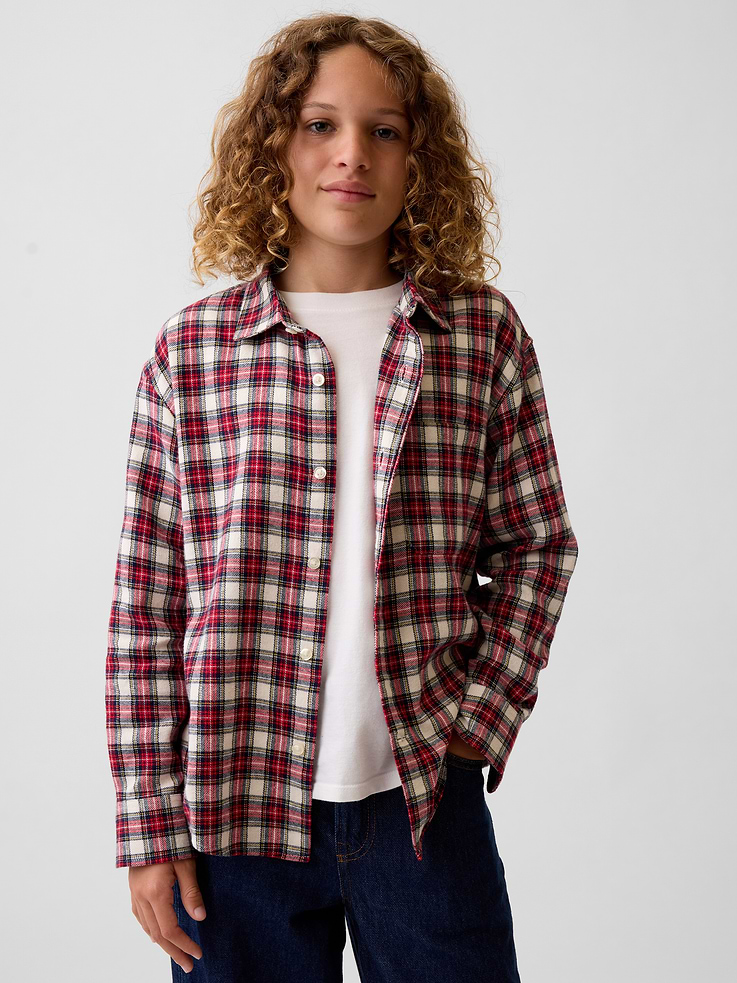 Image 1 of 5, Soft cotton flannel button-up shirt. In a relaxed fit., Spread collar, button front., Long sleeves with button cuffs., Back yoke seam., Chest patch pocket., Allover plaid., Product #911789