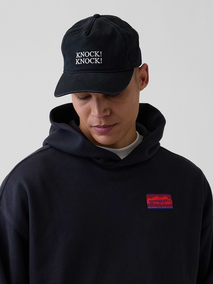 Image 1 of 5, Sturdy cotton baseball hat., Stitching at curved brim., Roy Litchenstein's Knock, Knock Poster inspired embroidered detailing., Product #1202192