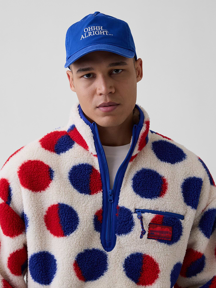 Image 1 of 4, Sturdy cotton baseball hat., Stitching at curved brim., Roy Litchenstein's Ohhh... Alright... inspired embroidered detailing., Adjustable closure at back., Product #1202191
