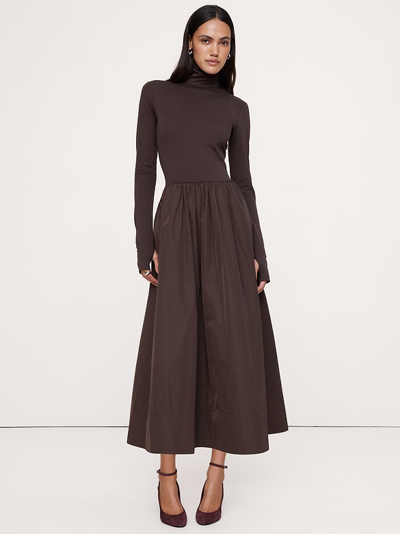 Jersey + Taffeta Turtleneck Maxi Dress