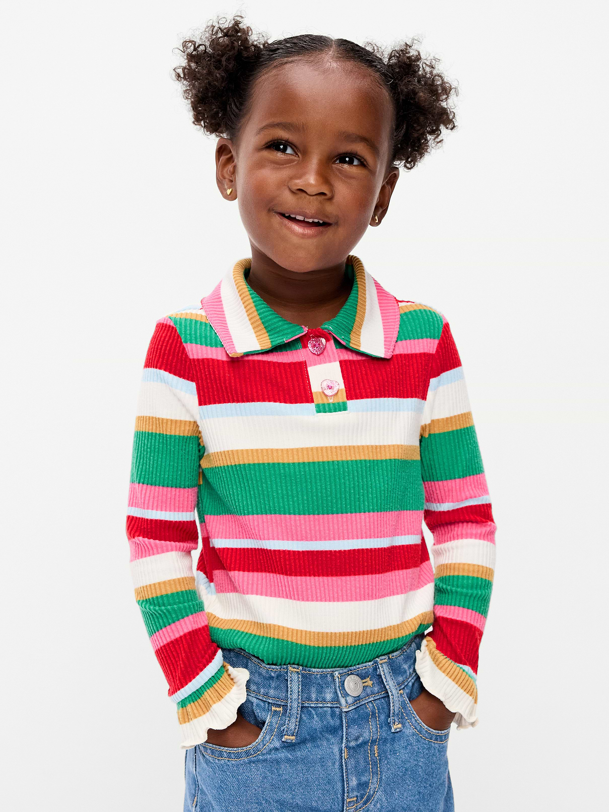 Long-Sleeve Striped Ribbed Collared Top for Toddler Girls