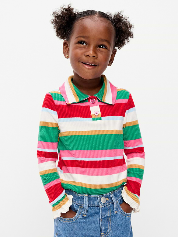 Long-Sleeve Striped Ribbed Collared Top for Toddler Girls