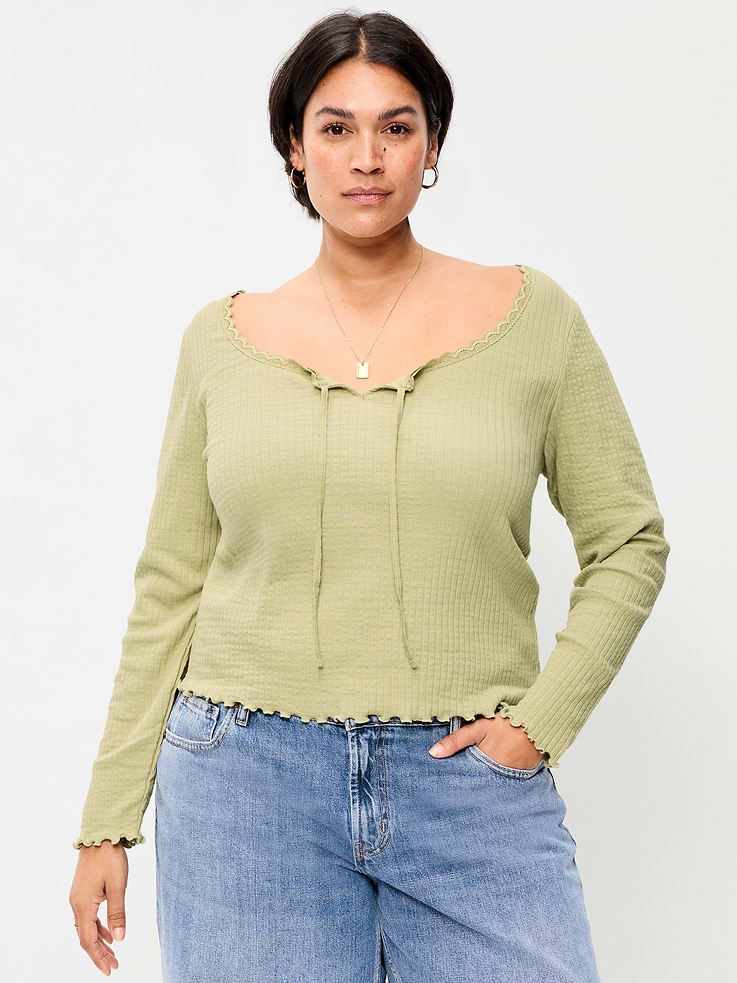 Image 7 of 8, Long-Sleeve Pointelle Knit Lace-Trim Top