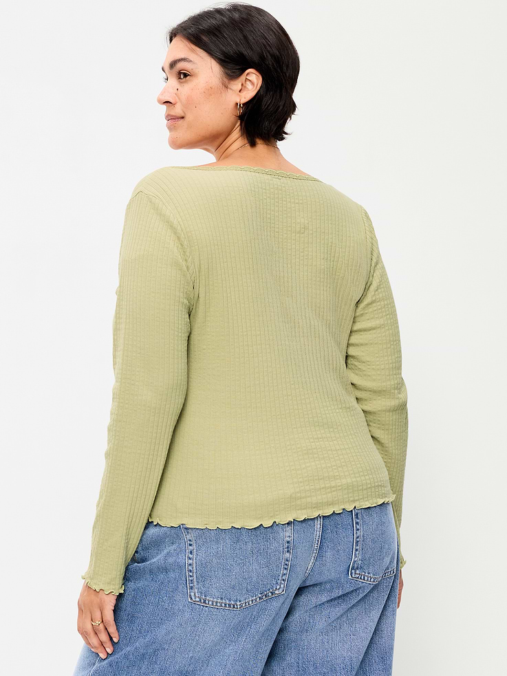 Image 8 of 8, Long-Sleeve Pointelle Knit Lace-Trim Top