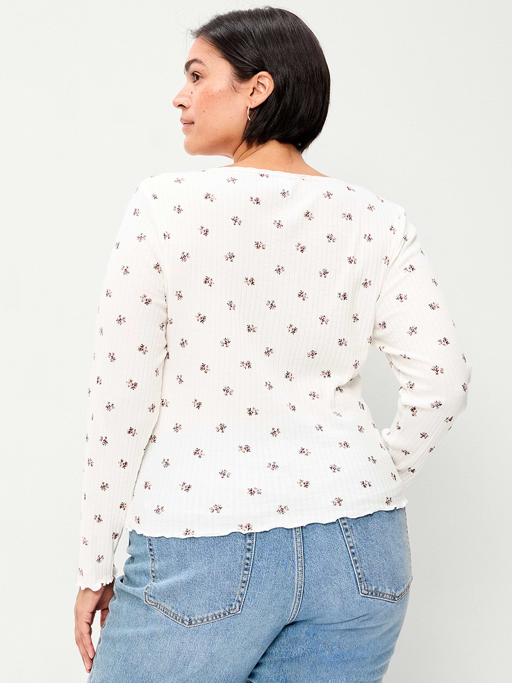 Image 8 of 8, Long-Sleeve Pointelle Knit Lace-Trim Top