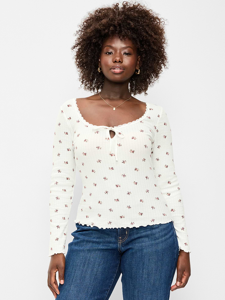 Image 5 of 8, Long-Sleeve Pointelle Knit Lace-Trim Top