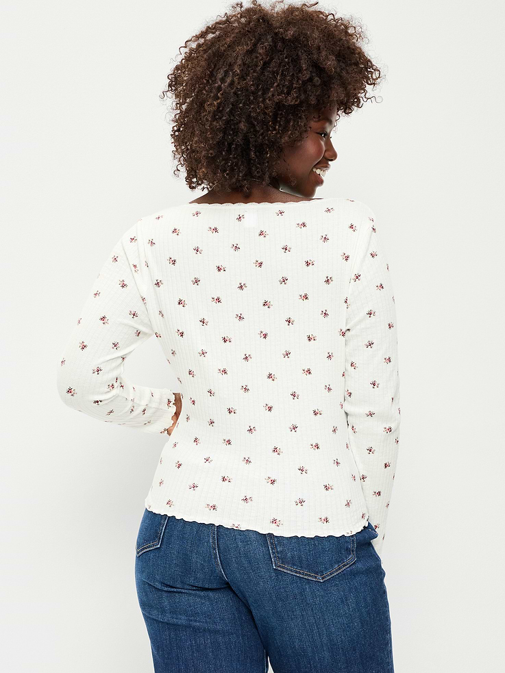 Image 6 of 8, Long-Sleeve Pointelle Knit Lace-Trim Top