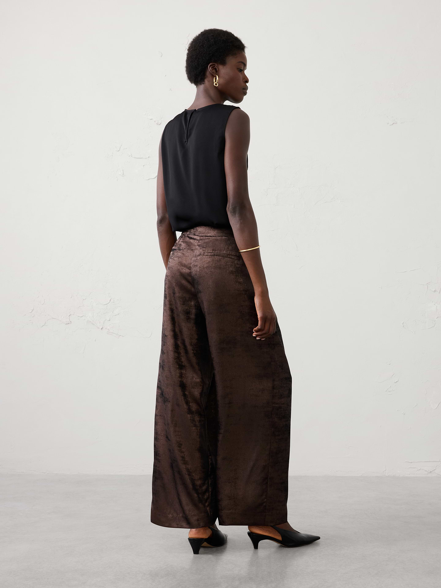 Image 2 of 5, Wide-Leg Mid-Rise Metallic Trouser