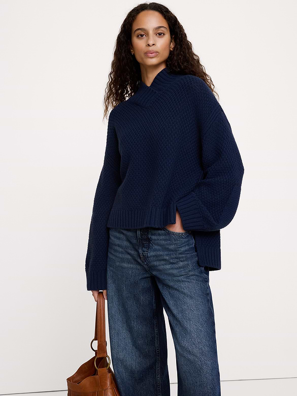 Oversized Merino-Cotton High V-Neck Sweater