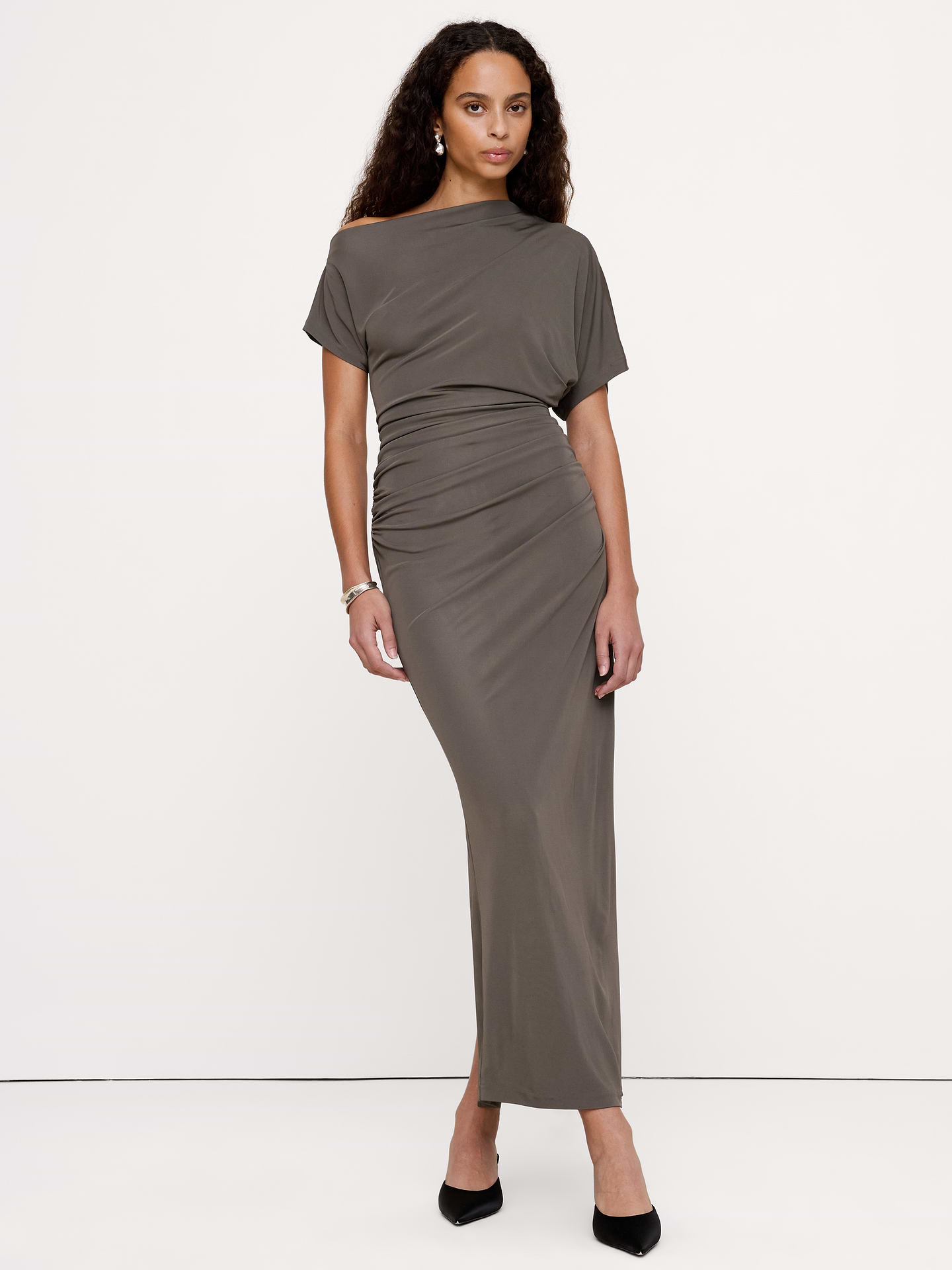 Image 1 of 8, Quite the gathering. This figure-hugging maxi dress is cut from our best-selling matte jersey knit (so it's t-shirt soft and looks fab), here with ruching at the sides and an asymmetrical neckline., Sheath Fit: Slim. Sits close to the body with a flare skirt. Extra long maxi length (so you can wear it with heels)., Invisible zip at back., Asymmetrical neckline., Unlined., Product #1180344