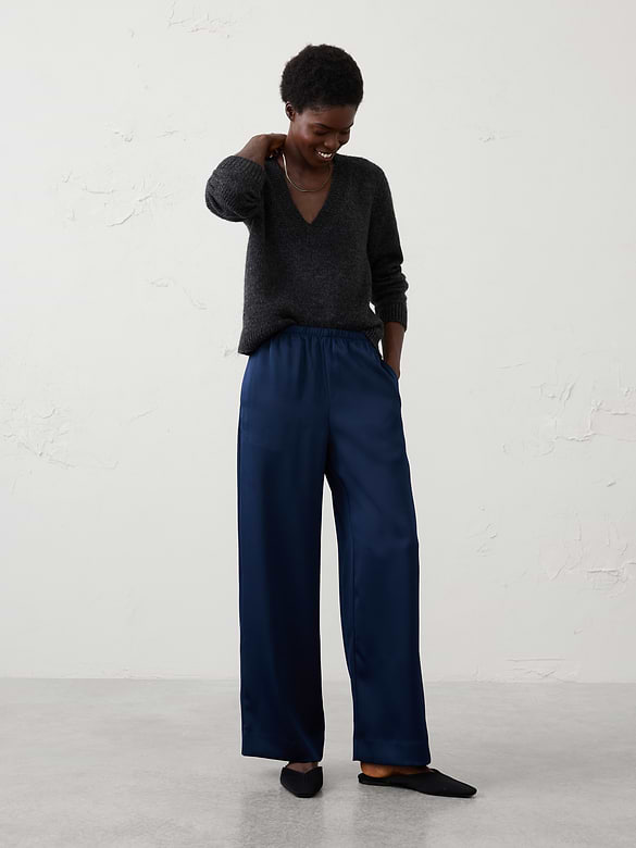 Wide-Leg High-Rise Pull-On Satin Pant
