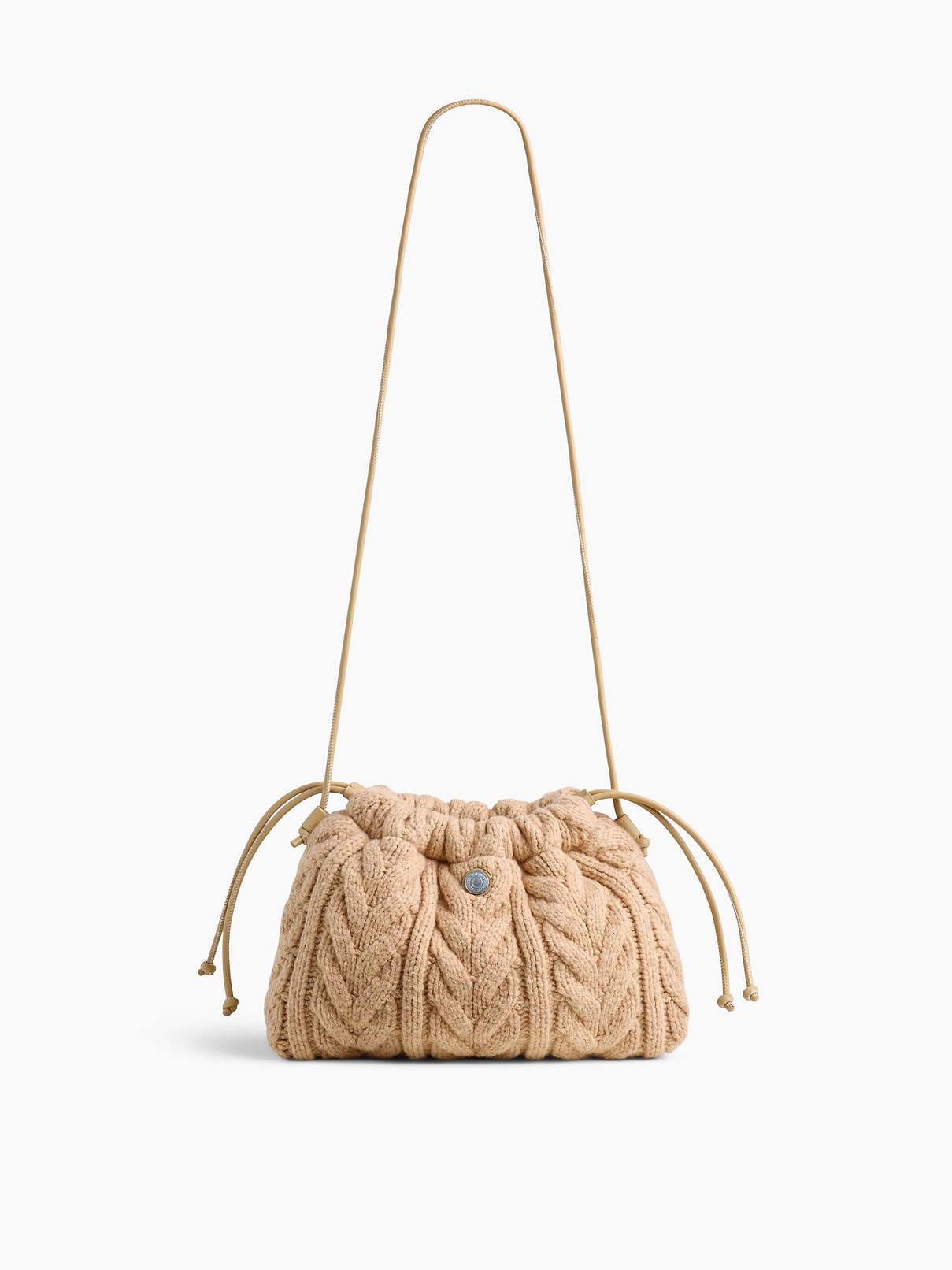Image 1 of 6, Supersoft cable-knit pouchette., Worn hand-held, crossbody or over-the-shoulder., Shoulder strap., Drawcord closure at top., Product #1186129
