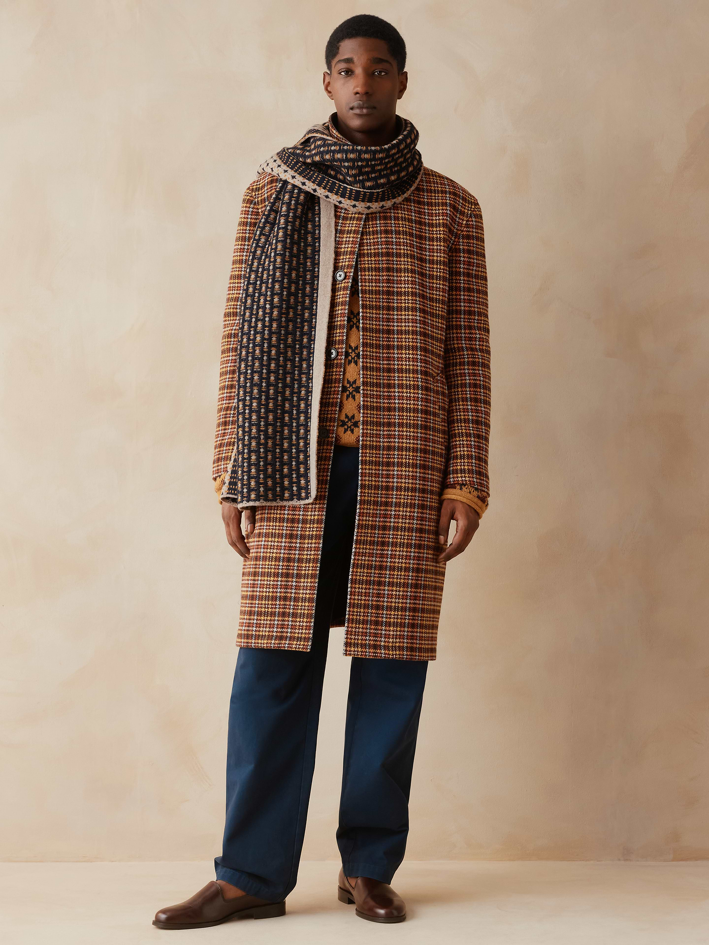 Image 1 of 8, We reimagined the 1960's car coat, but kept a few things we love from the original: the length, the easy silhouette, welt pockets, a concealed front placket. Cut from a wool blend and finished with a rugged leather collar., Introducing our exclusive collaboration with ZANKOV. Future heirlooms that bring together our heritage details and the knitwear designer's vibrant textures., Standard Fit: A straight, easy fit in men's sizing, styled oversized to work on any body., Fabric from Italy's Fratelli Balli., Spread collar with concealed, single-breasted closure., Welt pockets., Lined., Product #1187834