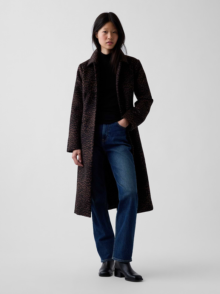 Image 1 of 7, Soft wool-blend coat., Spread collar, button front., Long sleeves., Front welt pockets., Allover leopard print., Fully lined., Made with 64% recycled polyester and 31% recycled wool. Compared to virgin materials, using recycled materials helps reduce resource use and waste., This product was made in a factory that invests in gender equity and women’s empowerment through RISE. Learn more at gapinc.com/equity ., Product #1184883