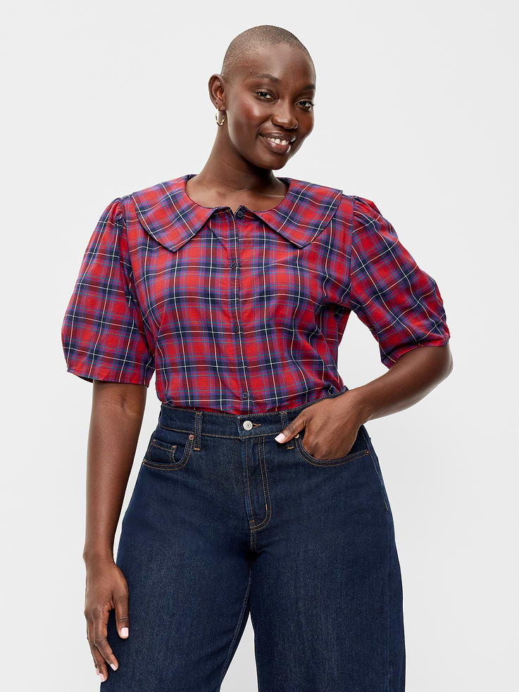 Image 5 of 9, Lapel Collar Short-Sleeve Button-Front Top
