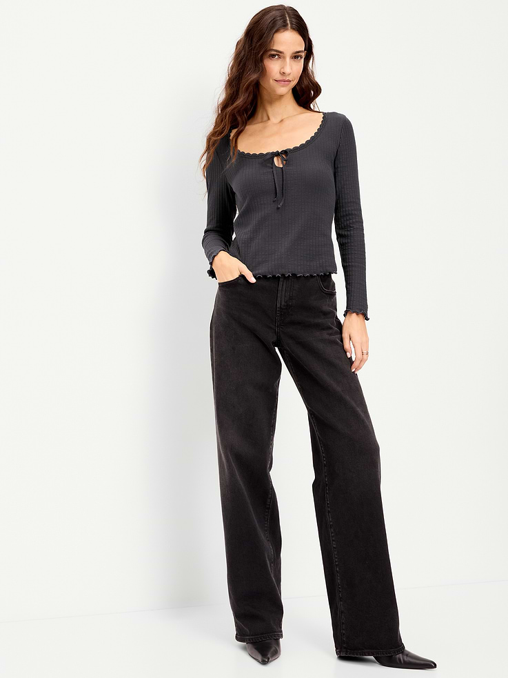Image 3 of 8, Long-Sleeve Pointelle Knit Lace-Trim Top