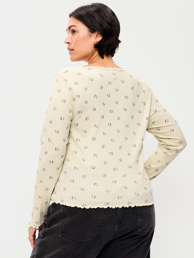 Image 8 of 8, Long-Sleeve Pointelle Knit Lace-Trim Top