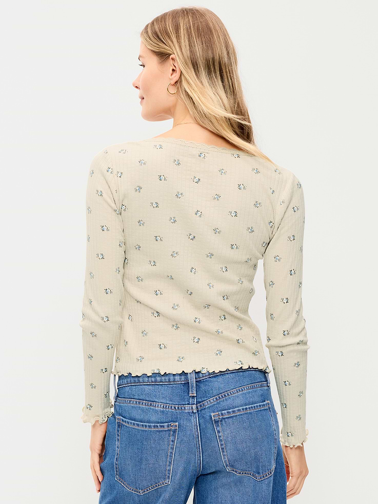 Image 2 of 8, Long-Sleeve Pointelle Knit Lace-Trim Top