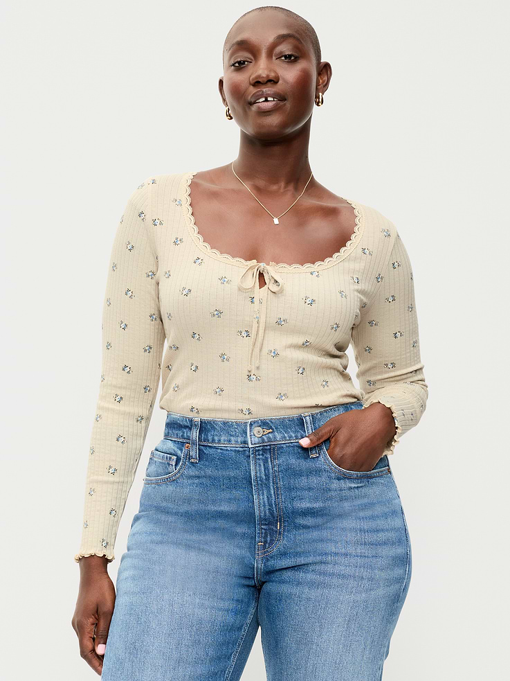 Image 5 of 8, Long-Sleeve Pointelle Knit Lace-Trim Top