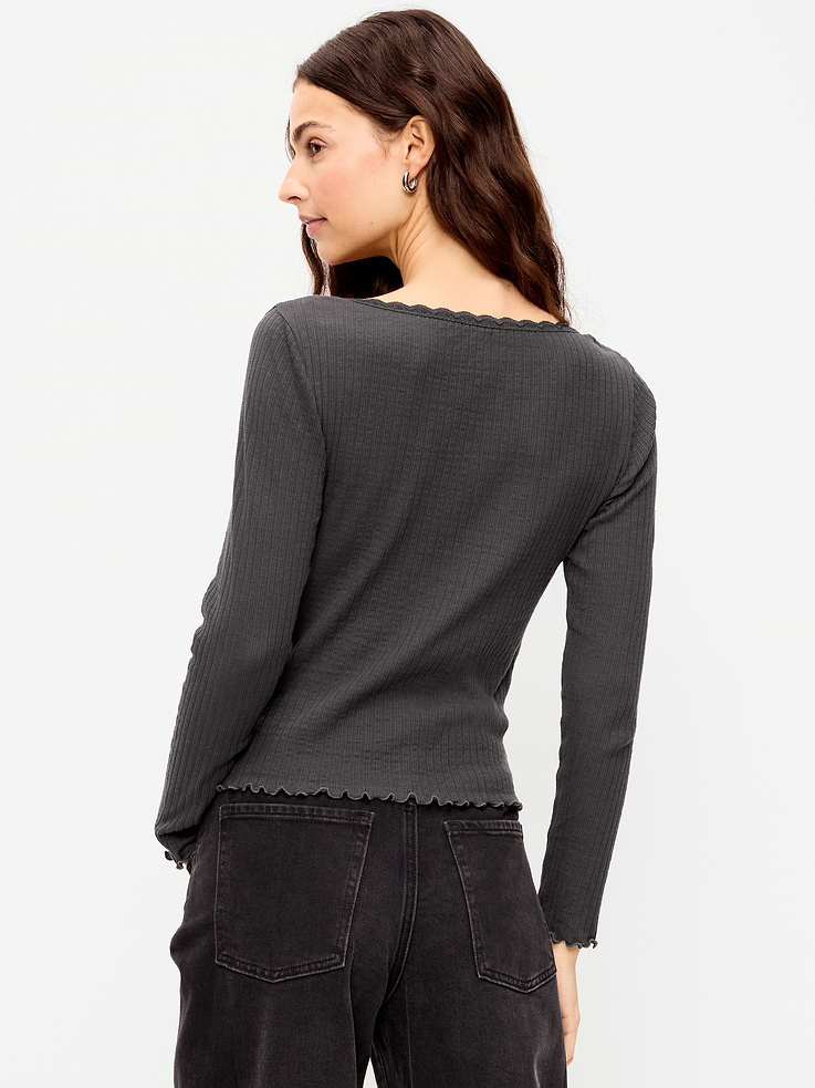 Image 2 of 8, Long-Sleeve Pointelle Knit Lace-Trim Top