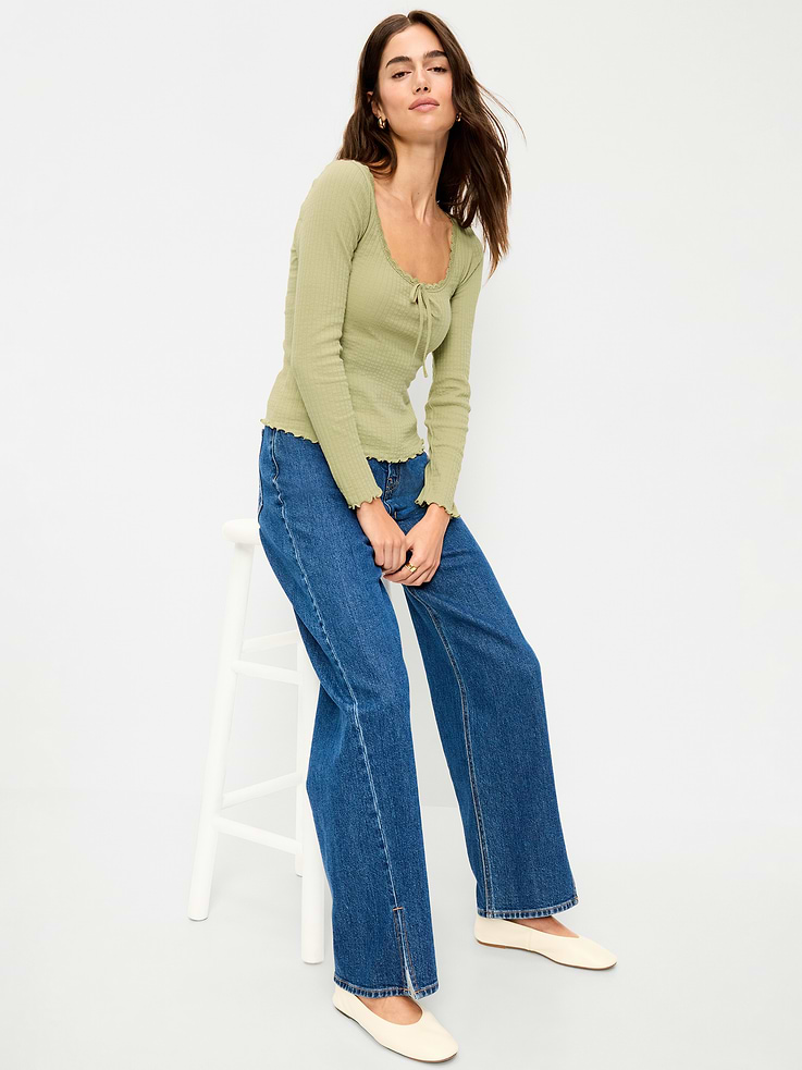 Image 3 of 8, Long-Sleeve Pointelle Knit Lace-Trim Top