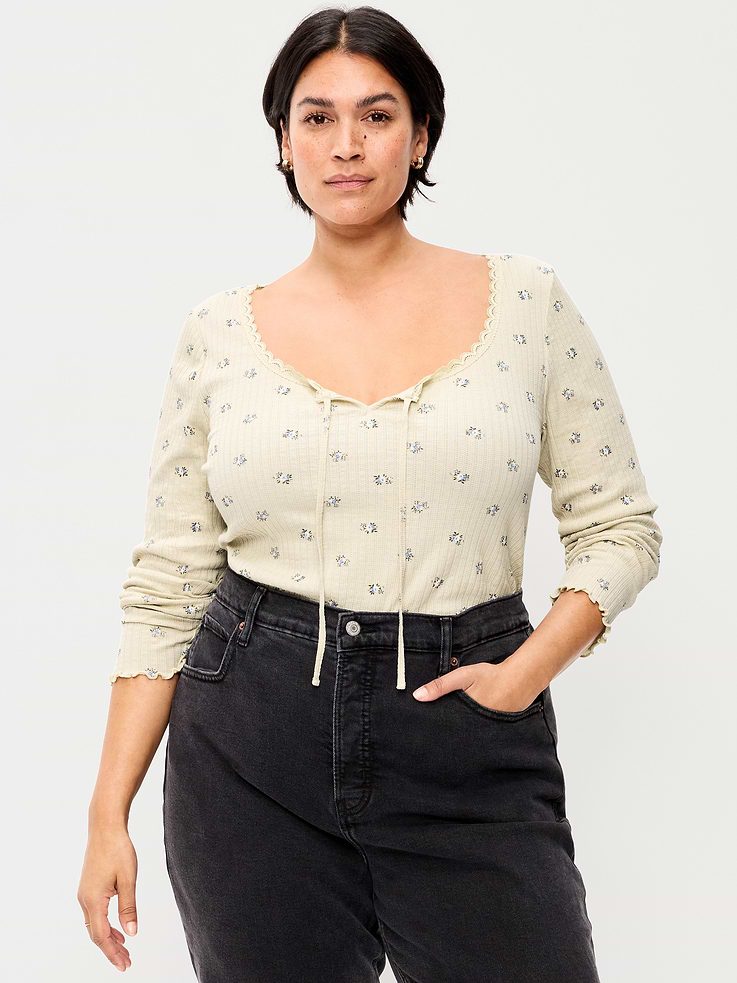 Image 7 of 8, Long-Sleeve Pointelle Knit Lace-Trim Top