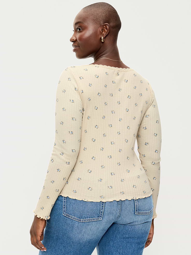 Image 6 of 8, Long-Sleeve Pointelle Knit Lace-Trim Top