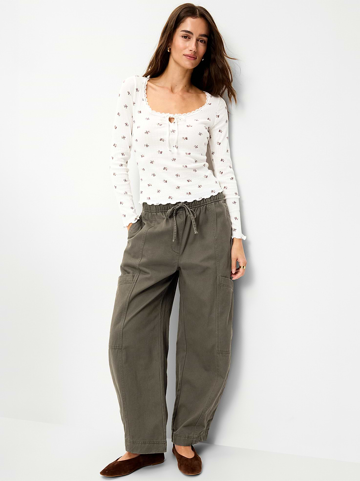 Image 3 of 8, Long-Sleeve Pointelle Knit Lace-Trim Top