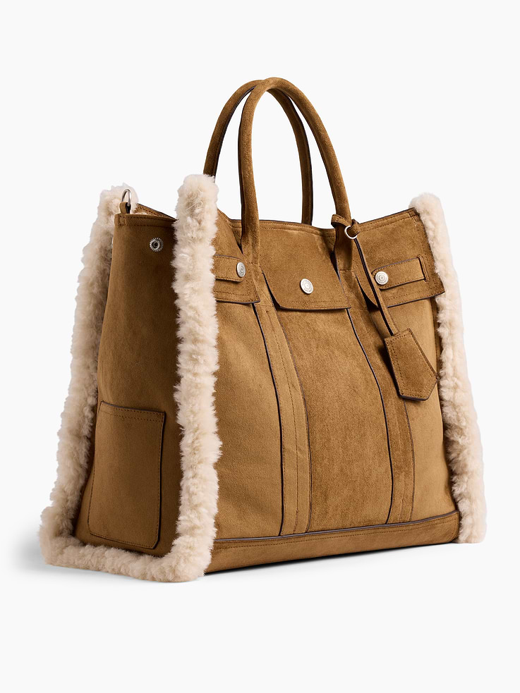 Image 3 of 7, Large Sherpa-Lined Vegan Suede Five Pocket Tote