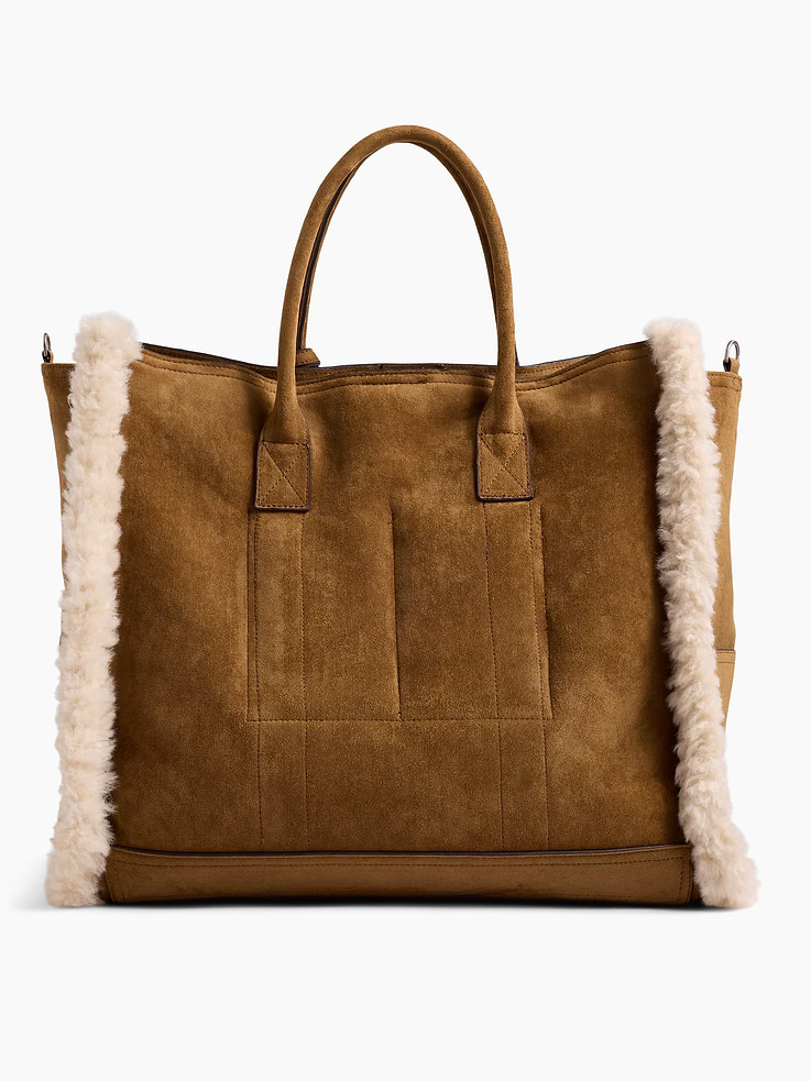Image 4 of 7, Large Sherpa-Lined Vegan Suede Five Pocket Tote