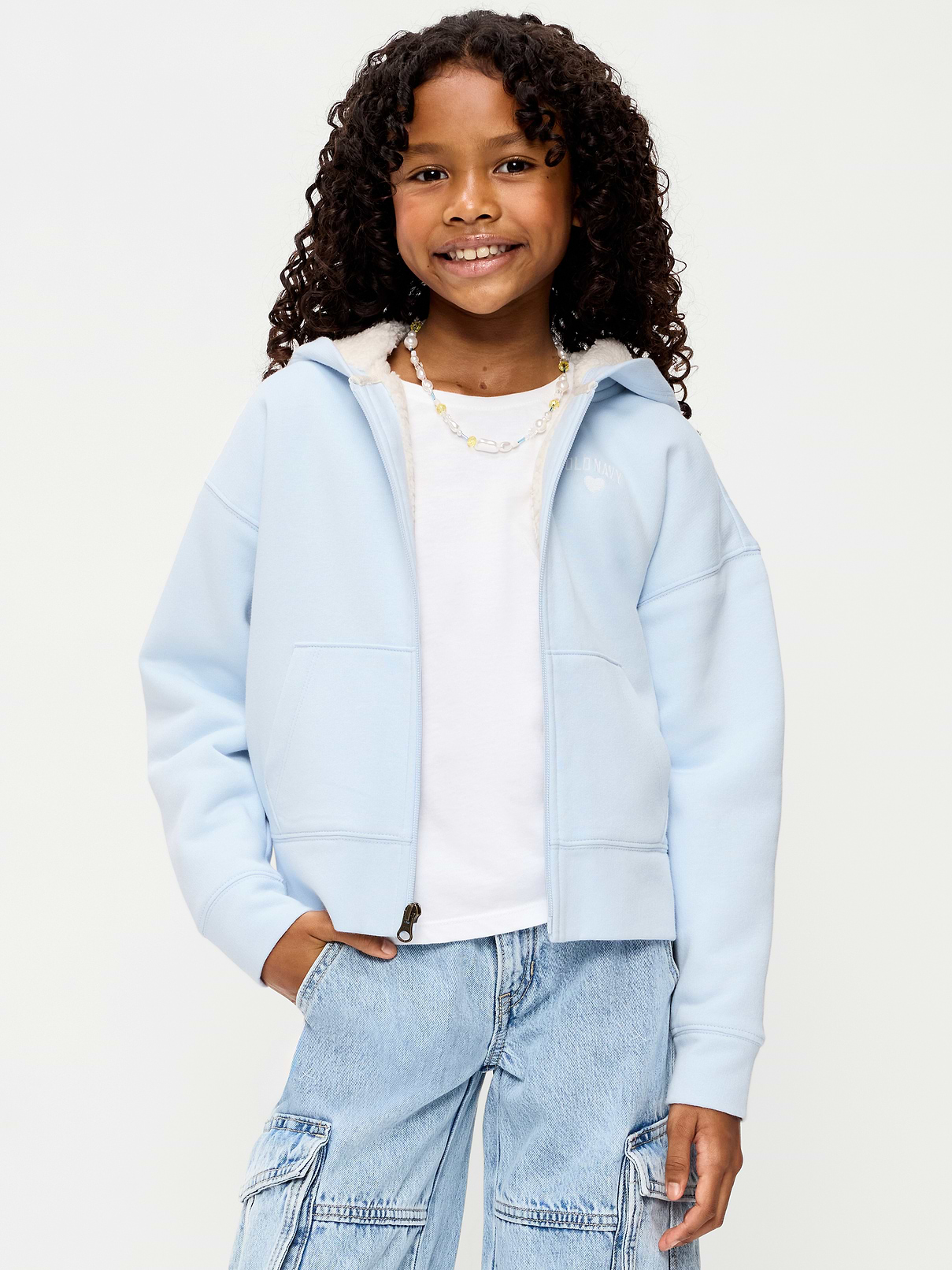 Image 1 of 3, built-in hood, long sleeves, logo graphic at front, hand-warming pockets, sherpa lining, Product #908642