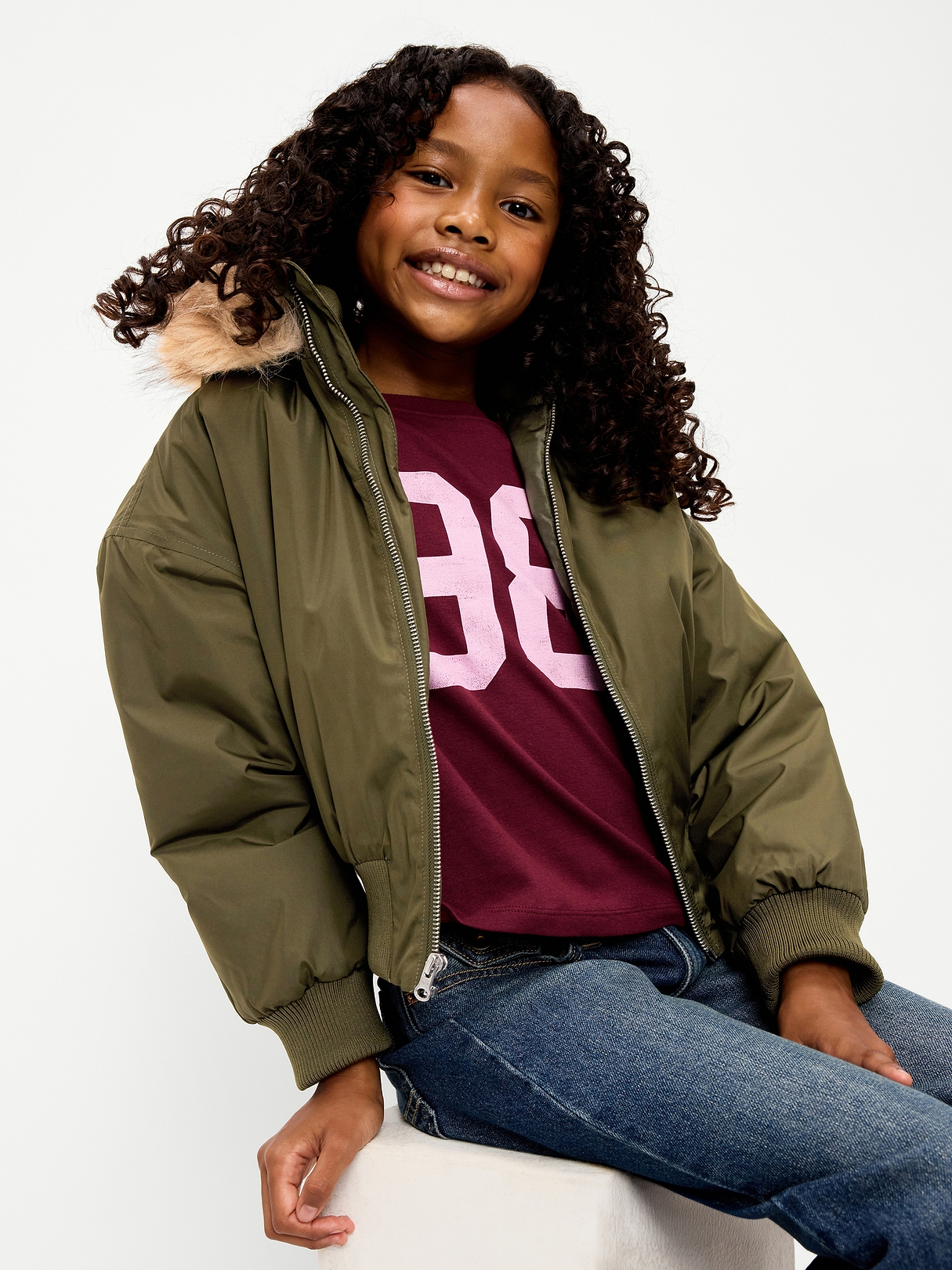 Water-Resistant Oversized Faux-Fur Trim Bomber Jacket for Girls