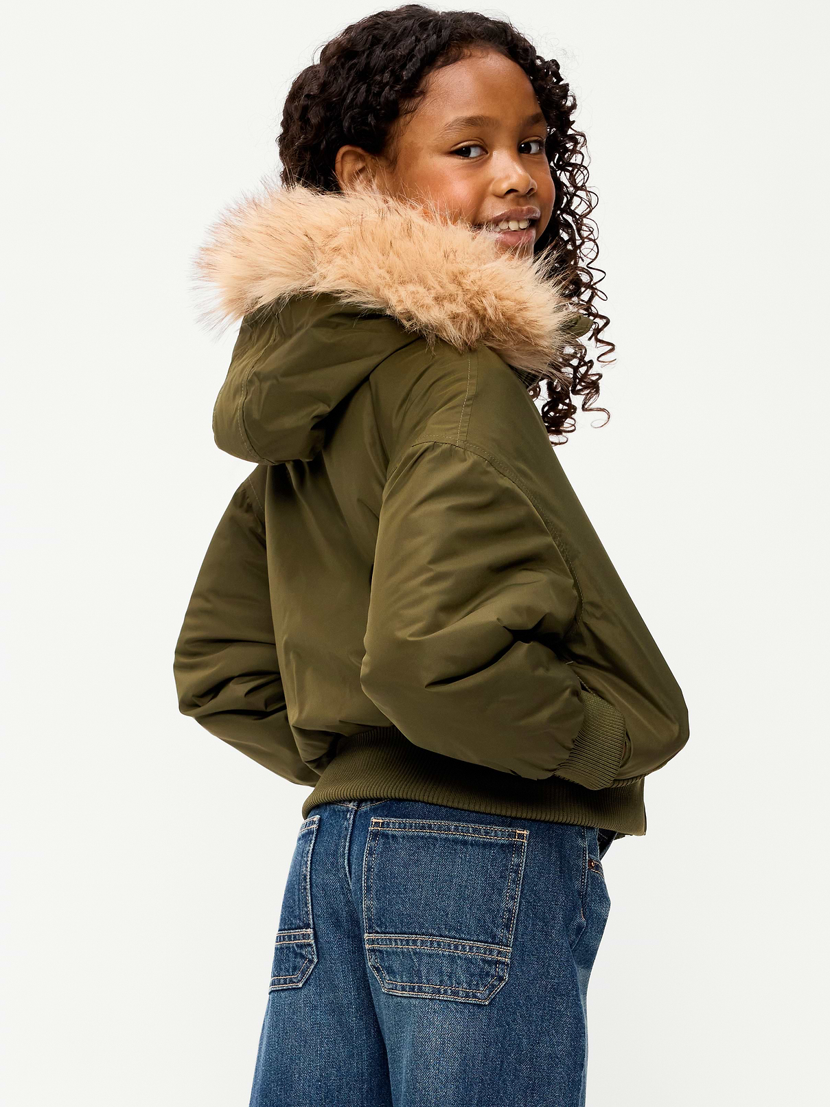 Image 2 of 4, Water-Resistant Oversized Faux-Fur Trim Bomber Jacket for Girls
