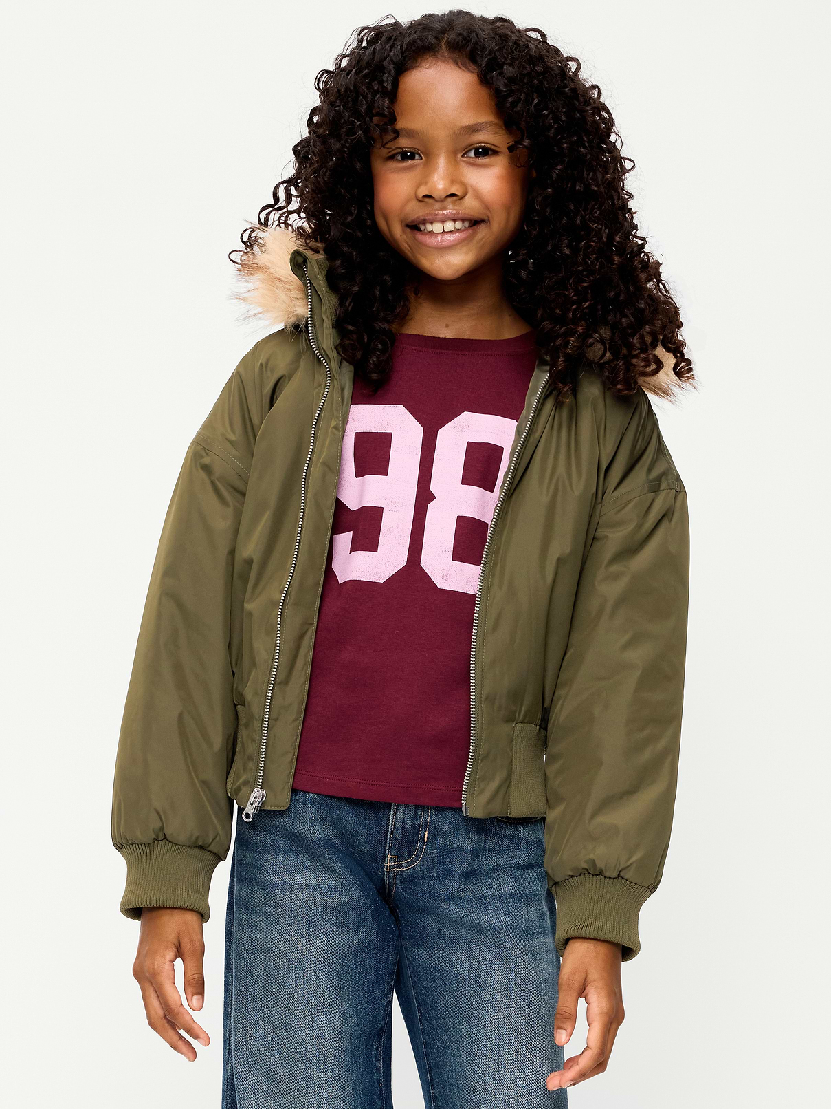 Water-Resistant Oversized Faux-Fur Trim Bomber Jacket for Girls