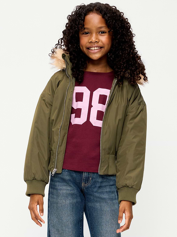 Water-Resistant Oversized Faux-Fur Trim Bomber Jacket for Girls